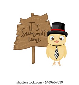 Chick near wooden signboard with the inscription "It's summer time" in vector. Cartoon illustration