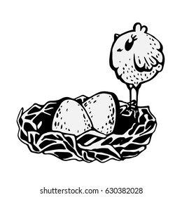 Chick in the nest. Black-and-white illustrations.