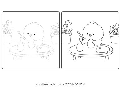 Chick Pintura Huevos de Pascua para colorear para los niños. Páginas para colorear de Pollito con Huevo de Pascua para niños. Trazo y color de Pascua Chick. Linda página para colorear de pollo para la actividad de Pascua imprimible.