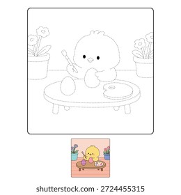 Chick Pintura Huevos de Pascua para colorear para los niños. Páginas para colorear de Pollito con Huevo de Pascua para niños. Trazo y color de Pascua Chick. Linda página para colorear de pollo para la actividad de Pascua imprimible.