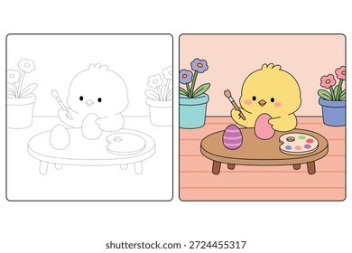 Chick Pintura Huevos de Pascua para colorear para los niños. Páginas para colorear de Pollito con Huevo de Pascua para niños. Trazo y color de Pascua Chick. Linda página para colorear de pollo para la actividad de Pascua imprimible.