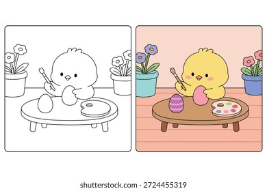 Pintura de filhotes Páscoa Ovos colorir Página para Crianças. Chick com ovo de Páscoa colorir páginas para crianças. Trace and Color Easter Chick. Página de coloração de pintinho bonito para Easter Atividade imprimível.