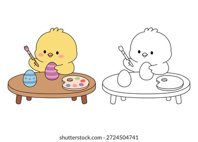 Chick Painting Easter Eggs Coloring Page for Kids. Chick with Easter Egg Coloring pages for Kids. Trace and Color Easter Chick. Cute Chick Coloring Page for Easter Activity Printable. 