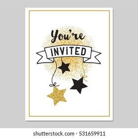 Chick Party glitter greeting card and invitation. Gold hearts, speech bubbles, stars and other elements. Vector element, backgrounds. Gold, pink and blue sparkle, chic style