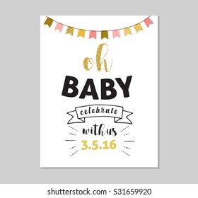 Chick Party glitter greeting card and invitation. Gold hearts, speech bubbles, stars and other elements. Vector element, backgrounds. Gold, pink and blue sparkle, chic style