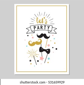 Chick Party glitter greeting card and invitation. Gold hearts, speech bubbles, stars and other elements. Vector element, backgrounds. Gold, pink and blue sparkle, chic style