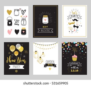 Chick Party glitter greeting cards and invitations. Gold hearts, speech bubbles, stars and other elements. Vector element, backgrounds. Gold, pink and blue sparkle, chic style