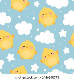 chick pattern seamless background, easter pattern with cloud heart and star with blue sky