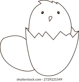 Chick peeking from cracked shell with another egg behind, drawn in clean contour lines. Symbol of new life, birth, spring, and beginning, perfect for nursery, farm themes. Cartoon vector illustration.