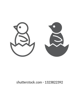Chick peeking out of egg line and glyph icon, easter and animal, chick in cracked egg sign, vector graphics, a linear pattern on a white background, eps 10.