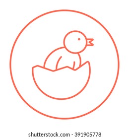 Chick peeking out of egg shell line icon.