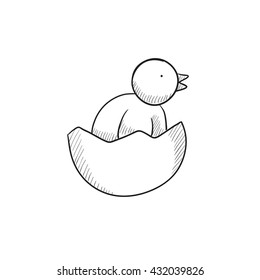 Chick peeking out of egg shell sketch icon for web, mobile and infographics. Hand drawn chick icon. Chick vector icon. Chick icon isolated on white background.