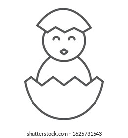 Chick peeking out off egg thin line icon, easter and holiday, chick in egg sign, vector graphics, a linear pattern on a white background, eps 10