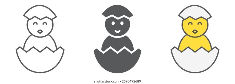 Chick peeking out off egg icon collection, easter and holiday, chick in egg icon set, vector graphics, a linear pattern on a white background, eps 10