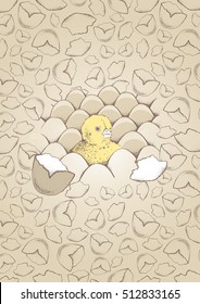 Chick peeking out of shell eggs sketch illustration for print, infographics, greeting card, poster. Texture of shell eggs. Hand drawn chick picture. Chicken vector image. Vintage engraving style