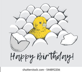 Chick peeking out of shell eggs sketch illustration for print, mobile, infographics, greeting card, poster. Hand drawn chick picture. Chicken vector image. Vintage engraving style. Happy birthday