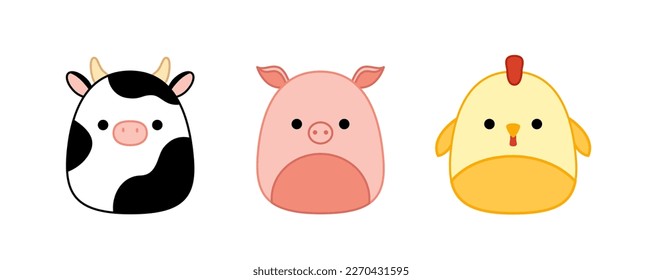 Pollo, cerdo, vaca. Squishmallow. Animales de granja. Delicioso juguete de peluche suave. Almohada. Kawaii, caricatura. Ilustración vectorial aislada eps 10