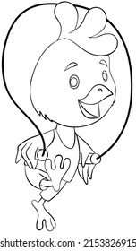 Chick playing skipping rope. Element for coloring page. Cartoon style.