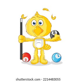the chick plays billiard character. cartoon mascot vector