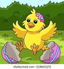 Chick Pop Out In Easter Egg Colored Illustration