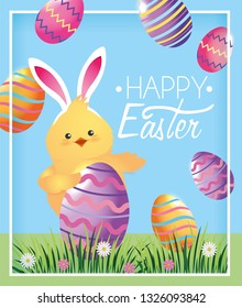 chick with rabbit ears and eggs decoration