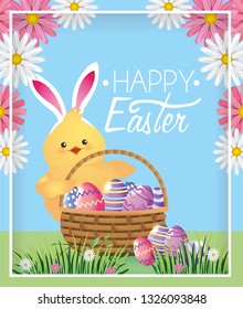 chick with rabbit ears and eggs inside basket