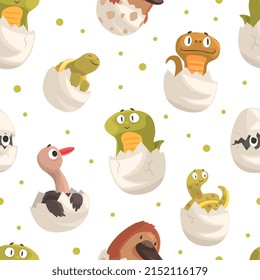 Chick and Reptile Hatching from Eggs Vector Seamless Pattern