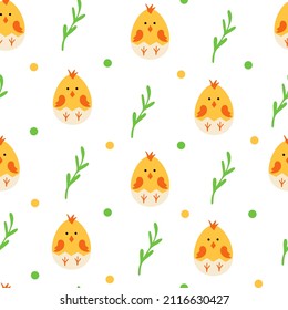 Chick seamless pattern, Easter pattern with chick and egg shells,. Vector Illustration for printing, backgrounds, covers, packaging, greeting cards, posters, stickers, textile and seasonal design.