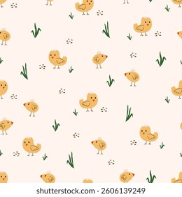 Chick seamless pattern. Easter and farm concept. Elegant vector texture for textile design, wrapping paper, poster and children design