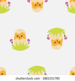 Patrón transparente. Pollo de bebé amarillo feliz, pájaros de bebé coloridos de garrapatas, criaturas lindas de crianza de aves de corral, decoración minimalista de dibujos animados textil, papel de envoltura papel tapiz vectorial impresión y tela