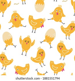Chick seamless pattern. Happy yellow baby chicken, doodle colorful baby birds, poultry farm cute creature, cartoon minimalistic decor textile, wrapping paper wallpaper vector texture print and fabric