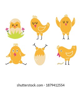 Chick set. Happy yellow baby chicken, doodle colorful baby birds in different poses, poultry farm cute creature cartoon minimalistic style collection, easter symbol vector simple flat isolated set