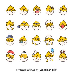 Chick shell cartoon character set with cracked eggs cheerful expressions cute kawaii designs for fun illustrations joyful emotions creative poses and charming details