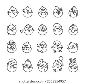 Chick shell cartoon character set with cracked eggs cheerful expressions cute kawaii designs for fun illustrations joyful emotions creative poses and charming details