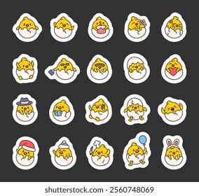 Chick shell cartoon character set with cracked eggs cheerful expressions cute kawaii designs for fun illustrations joyful emotions creative poses and charming details