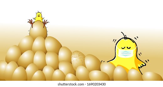 The chick sits on a mountain  3 d painted golden eggs.The chick with the mask is beware. Quarantined at Easter. Happy Easter. Chick farming, egg industry, farms, buying, selling. Hand drawn vector