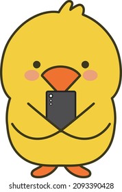Chick con un smartphone. Ilustración vectorial aislada en un fondo blanco.