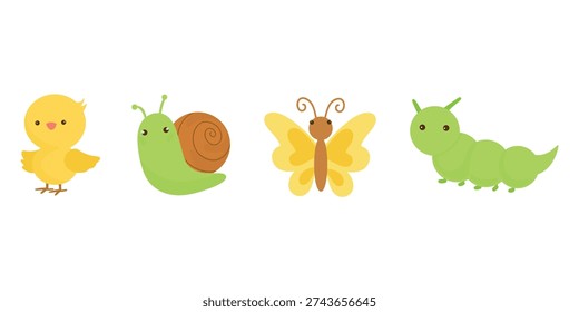 Chick, Snail, Butterfly and Caterpillar Set. Spring Critters Clipart Collection. Cute Garden Baby Animals