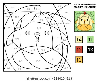 Chick. Solve the problem, color the picture. Addition, Subtraction. Coloring book. Kawaii, cartoon, vector. Isolated vector illustration eps 10