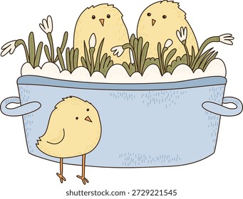 El polluelo se para junto a una jardinera con mango mientras dos polluelos se asoman de la espuma y brotan con brotes. Símbolo de la primavera, el nacimiento, el crecimiento de la naturaleza y la celebración. Ilustración vectorial de dibujos animados.