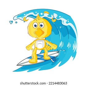 the chick surfing character. cartoon mascot vector