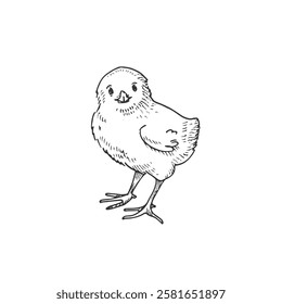 Chick vector black and white illustration hand drawn with ink. Cute fluffy baby chicken graphic sketch.