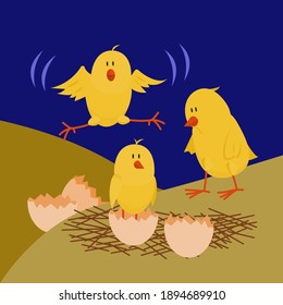 Chick. Vector illustration of cartoon chickens for animation. Editable strokes. The chicks have hatched from the eggs and are frolicking.