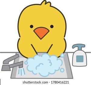 Chick washing his hands using hand sanitizer. Vector illustration isolated on white background.