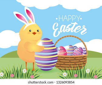 chick wearin rabbit ears with eggs decoration