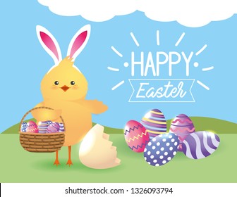 chick wearing rabbit ears with eggs decoration inside basket