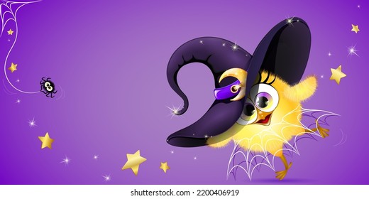 Chick witch Girl in magic witch hat with little cute spider and funny web skirt