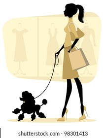 Chick woman shopping with her poodle