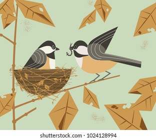 Chickadee bird couple. Cute comic cartoon. Birds on tree branch. Male bird feeding female sitting on eggs in straw nest. Minimalism simplicity design. Template vector birdwatching card background