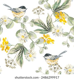 Chickadee birds, daisy flowers,  leaves, white background. Floral illustration. Vector seamless pattern. Botanical design. Meadow nature plants